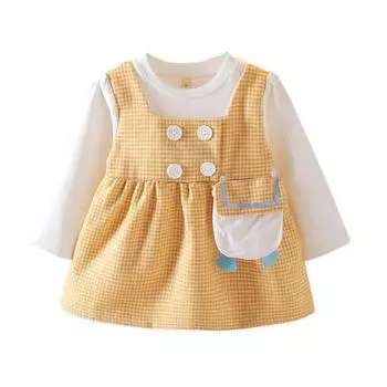 Одежда для маленьких девочек, милое и зарубежное платье в клетку с длинными рукавами и ложным принтом на день рождения 110