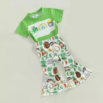 Одежда для маленьких девочек на день Святого Патрика, футболка из 2 предметов с короткими рукавами и буквенным принтом, топы, расклешенные штаны, летняя одежда для младенцев 120
