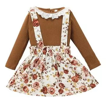 Одежда для маленьких девочек, однотонная рубашка, комплект с юбкой на подтяжках, комплекты с длинными рукавами и цветочным принтом XL