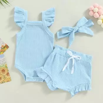 Одежда для маленьких девочек, однотонный комбинезон с рукавами-крылышками, топы, короткие штаны на шнурке, повязка на голову, повседневная одежда 0-3 Months розовый