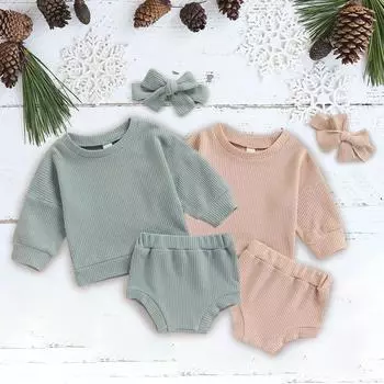 Одежда для маленьких девочек От 0 до 24 месяцев, топы с длинными рукавами для новорожденных девочек, шорты, повязка на голову, комплект одежды, осенний комплект S
