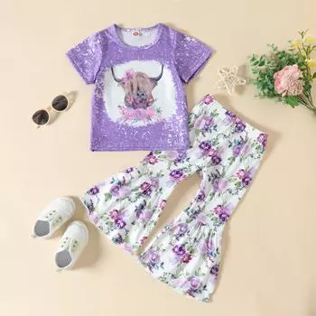 Одежда для маленьких девочек, повседневные комплекты, топы с короткими рукавами и подсолнухами, леопардовый принт с головой коровы и буквами, брюки-клеш 80cm фиолетовый