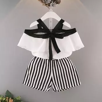 Одежда для маленьких девочек, шифоновая рубашка с листьями и шорты в полоску, комплект 130cm белый