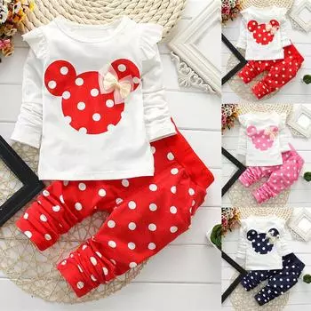 Одежда для маленьких девочек, топы с бантом в горошек, брюки, комплект одежды из 2 предметов 100 красный
