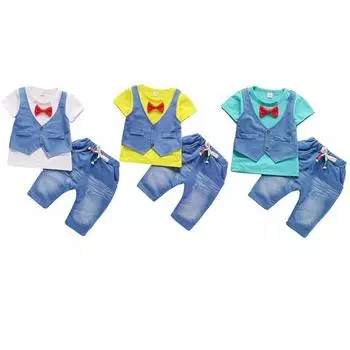 Одежда для маленьких мальчиков, белая футболка с короткими рукавами + брюки + галстук-бабочка, 3 шт., комплект детской одежды для джентльмена, свадебный костюм для новорожденного ребенка L