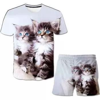 Одежда для маленьких мальчиков, комплект футболок с 3D изображением кошек и животных, летняя детская повседневная одежда, комплекты с героями мультфильмов для мальчиков и девочек, детский костюм 1-14 лет 100
