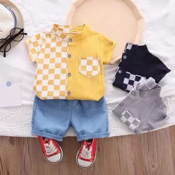 Одежда для маленьких мальчиков, летняя хлопковая рубашка в клетку, костюм для мальчика, рубашка + джинсовые шорты, одежда для мальчиков, повседневный комплект из двух предметов 110