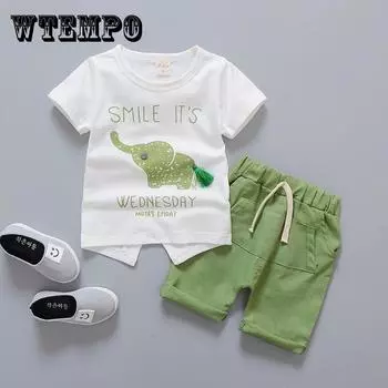 Одежда для маленьких мальчиков, летняя мягкая дышащая одежда для младенцев, милая футболка с короткими рукавами и принтом слона, топ, полосатые штаны, детский костюм 110 зелёный