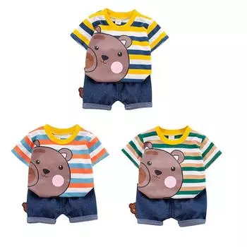 Одежда для маленьких мальчиков, весна-лето, детская футболка в полоску + брюки, костюм, повседневный костюм с принтом медведя M