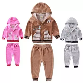 Одежда для малышей для мальчиков и девочек, велюровый комплект брюк с длинными рукавами на зиму и весну, детская одежда на пуговицах 1T розовый