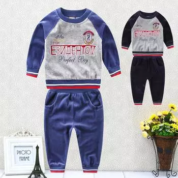 Одежда для малышей для мальчиков, велюровая рубашка с длинными рукавами на зиму и весну, комплект брюк и брюк, детская одежда, мужская одежда 1T синий