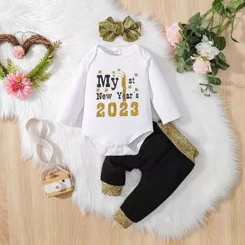 Одежда для малышей, костюм, годовой комплект с буквенным принтом, золотисто-розовый комбинезон с длинными рукавами, штаны, повязка для волос, комплект из трех предметов, комплекты для младенцев 12-18M