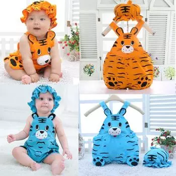 Одежда для малышей унисекс, хлопковая одежда для новорожденных девочек и мальчиков, одежда с фруктами, животные, тигр, арбуз, комбинезоны для малышей, пижамы со шляпой, одежда 90