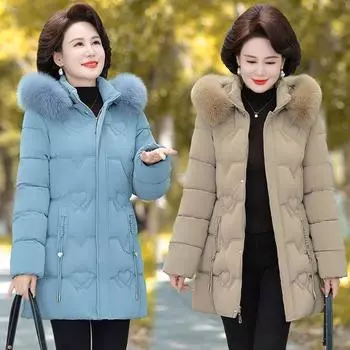 Одежда для мам с хлопковой подкладкой, зимнее пальто, модная одежда для среднего возраста с хлопковой подкладкой, 2024, новые средние и длинные куртки с хлопковой подкладкой для пожилых женщин XL фиолетовый