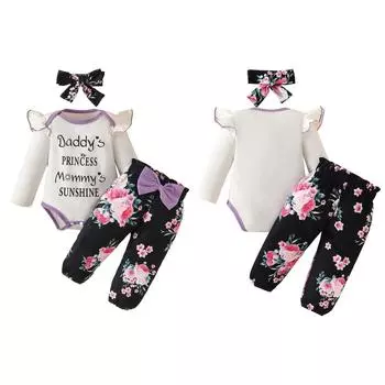 Одежда для младенцев с буквенным принтом, комбинезон с длинными рукавами, топ, штаны с цветочным принтом и повязка на голову, 3 шт. 12-18M
