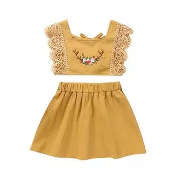 Одежда для новорожденных девочек, пуловер без рукавов, однотонные топы с рюшами, шорты с цветочным принтом и вышивкой, хлопковая одежда из 2 предметов 70 жёлтый