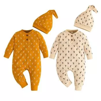 Одежда для новорожденных, комбинезон с длинными рукавами и шапкой, застежкой на пуговицы, комбинезон, боди 6-9M