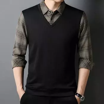 Одежда для папы среднего возраста Футболка с длинными рукавами, осенняя новинка, мужской наряд из двух предметов, верхняя часть для людей среднего возраста и пожилых людей, полосатая нижняя рубашка M