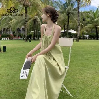 Одежда для путешествий, морское праздничное платье с большим вырезом на спине, новое летнее сексуальное пляжное платье для женщин, элегантное повседневное длинное платье S зелёный