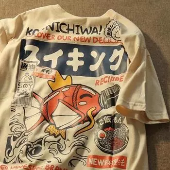 Одежда для родителей и детей Летняя Ins Харадзюку Японский карп Футболка с коротким рукавом Мужская брендовая уличная свободная парная одежда S