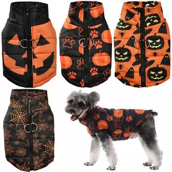 Одежда для собак на Хэллоуин с принтом тыквы и фонаря, пальто для щенков маленьких собак, пальто для кошек с D-образным кольцом, зимний водонепроницаемый костюм для чихуахуа и мопса S