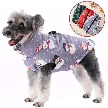 Одежда для собак с принтом снеговика для маленьких и средних собак, зимняя ветрозащитная, теплая, с D-образным кольцом, куртка для щенков, рождественский костюм для шнауцера S зелёный