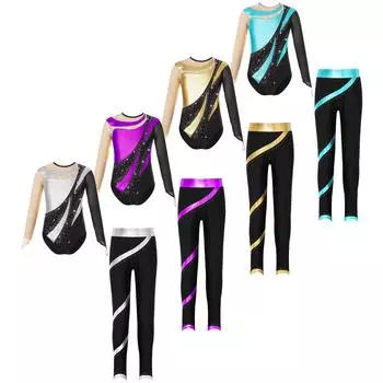 Одежда для танцев для девочек, гимнастические купальники с длинным рукавом и леггинсы, комплекты для балета, фигурного катания на льду 5-6 Years золотой