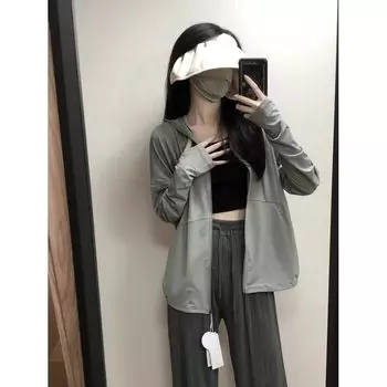 Одежда для защиты от солнца из ледяного шелка, женская, 2024, новинка, лето, защита от УФ-лучей, длинные рукава, ультратонкая блузка, куртка, одежда для защиты от солнца для велоспорта Gray M