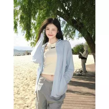 Одежда для защиты от солнца из ледяного шелка для женщин 2024, новинка, летняя защита от УФ-лучей, ультратонкая блузка, куртка, уличная свободная солнцезащитная одежда Blue L