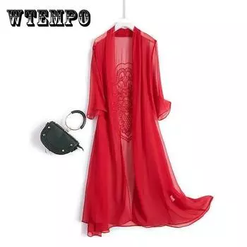 Одежда для защиты от солнца, женская летняя шифоновая верхняя одежда средней длины с вышивкой, кардиган с шалью, тонкая куртка, женская одежда больших размеров XXXXXL чёрный