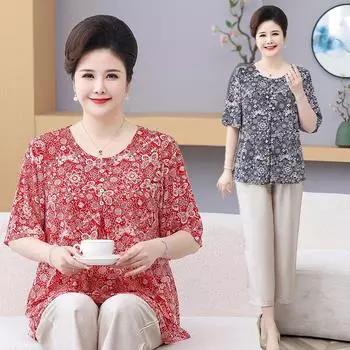 Одежда для женщин среднего возраста, большие размеры, летние винтажные свободные футболки с цветочным принтом, повседневные топы с круглым вырезом и рукавами 3/4 8XL красный