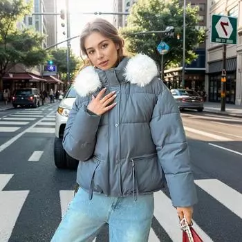 Одежда Dopamine, женская пуховая одежда, новые женские куртки с большим меховым воротником, короткие фасоны. M хаки