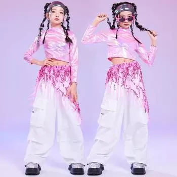 Одежда Джаз Танцевальный костюм Комплект Детская мода Блестки Шоу Костюмы Девочки Подиум Модные наряды Дети Хип-хоп Хип-хоп Танцы 180 розовый