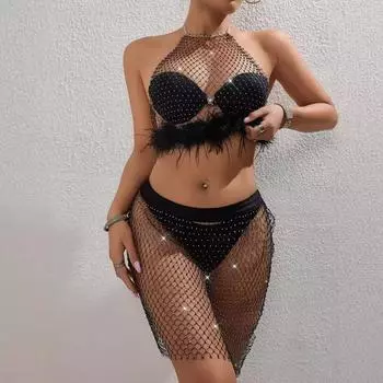 Одежда, хит продаж, рыболовная сеть со стразами, модный комплект с открытой спиной и бретельками из того же материала XS