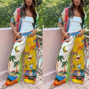 Одежда из 2 предметов Рубашка на пуговицах с коротким рукавом и высокой талией Широкие ноги Одежда для отдыха Эластичная талия Повседневные комплекты Рубашка с растительными и цветочными принтами S