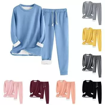 Одежда из двух предметов для женщин, теплый комплект для бега на флисовой подкладке, толстовки с круглым вырезом и длинными рукавами, спортивные штаны на талии с завязкой L чёрный