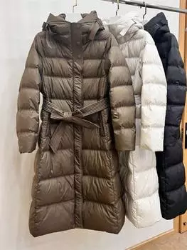 Одежда из гусиного пуха длинная женская тонкая выше колена осень и зима новая с капюшоном талия тонкий модный пояс стиль теплый M [80-55kg]