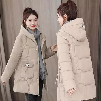 Одежда из хлеба, одежда из пухового хлопка, женские зимние пальто, толстые хлопковые куртки средней длины, новогодняя модная женская одежда с капюшоном M чёрный