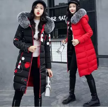 Одежда из хлопка для защиты от холода, женская длинная зимняя одежда, новая утолщенная хлопковая одежда с большим меховым воротником, двухсторонние хлопковые куртки, прилив M чёрный