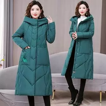 Одежда из хлопка среднего возраста, женская, средней и длинной длины, облегающая, утолщенная, модная корейская версия теплого и тонкого зимнего пальто XL чёрный