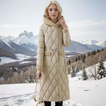 одежда из хлопка, женская длинная выше колена, из овечьей шерсти, с капюшоном, тонкая, с хлопковой подкладкой L [Recommended below 52.5kg] хаки