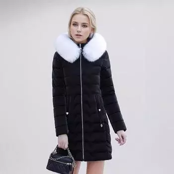 Одежда из хлопка, женская одежда, средняя и длинная, модная одежда высокого класса, зимняя куртка с большим меховым воротником и талией L чёрный