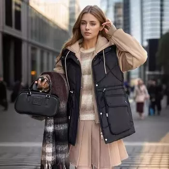 Одежда из хлопка, жилет с поясом, новая поддельная одежда из двух частей хлопка, сращивание свитеров, зимняя утепленная куртка с капюшоном для женщин M чёрный