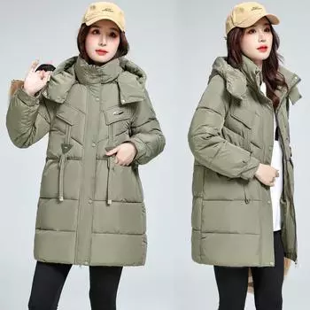 Одежда из хлопка Зимняя маленькая модная куртка Средняя и длинная Корейская версия Утепленная съемная шапка Свободная одежда XL чёрный