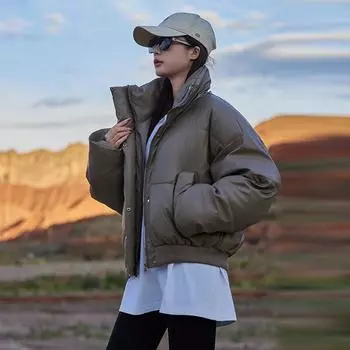 Одежда из искусственной кожи и хлопка, женская зимняя американская уличная модная брендовая грубая красивая короткая стойка-воротник, свободная одежда для пар, куртка S