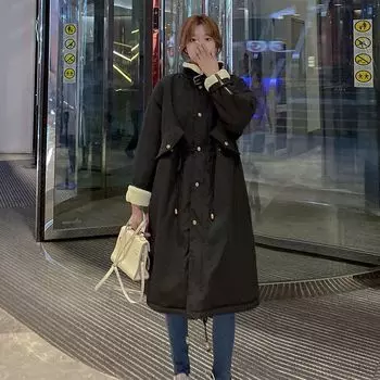 Одежда из овечьей шерсти и хлопка для женщин, зимняя, средней и длинной длины выше колена, утолщенная, с воротником-стойкой, свободная, для женщин S recommends 90-60 kg темно-синий