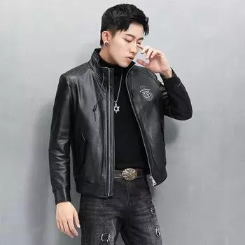 Одежда из воловьей кожи, модная мужская натуральная кожа, новая осенне-зимняя кожаная куртка с воротником-стойкой, модная меховая куртка L чёрный