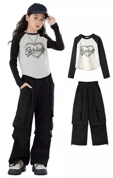 Одежда Комплект из 2 предметов для девочек-подростков Комплект для девочек Толстовки с длинным рукавом Спортивные штаны Спортивная одежда Толстовки Комплект из верха и низа Детская одежда Стильная 120 чёрный