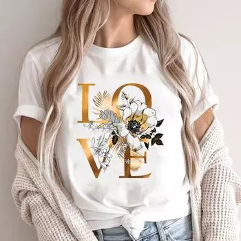 Одежда Летняя любовная буква Цветочный тренд 90-х годов Симпатичная футболка с графическим принтом Женская женская футболка Повседневная женская модная футболка с коротким рукавом S