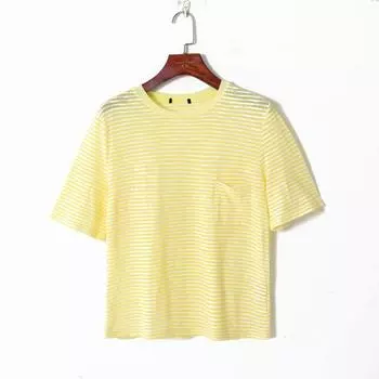 Одежда Мода K-стиль Полоска смешанных цветов Пуловер с круглым вырезом Короткий рукав Свободного кроя Легкий Тонкий Просвечивающий Легче всего сочетать Футболка Huang Stripes M